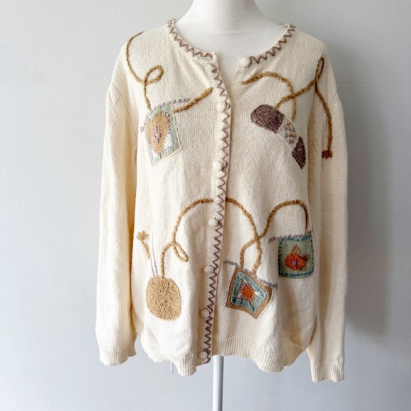 Vintage Sweaters - Vintage Women 90s Knitting Novelty Cardigan XL Granny Hobby Craft Cottage Comfy